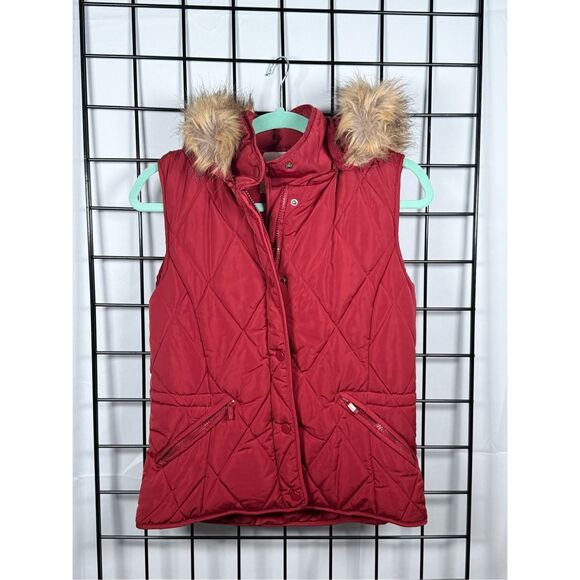 Zara Quilted Vest Womens S Red Faux Fur Removable Hood Puffer Winter Gorpcore - Picture 1 of 10